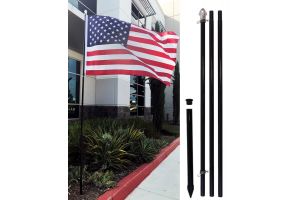 10ft Aluminum Black Outdoor Pole with Ground Spike Displaying USA Flag