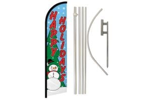 Happy Holidays Superknit Polyester Swooper Flag Size 11.5ft by 2.5ft & 6 Piece Pole & Ground Spike Kit