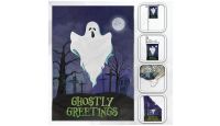 H&G Studios  Ghostly Greetings Halloween  Printed Polyester Flag 12in by 18in with close ups of material and on pole