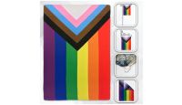 H&G Studios Progress Pride  Printed Polyester Flag 12in by 18in with close ups of material and on pole