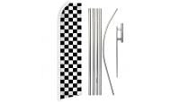 Black & White Checkered Superknit Polyester Swooper Flag Size 11.5ft by 2.5ft & 6 Piece Pole & Ground Spike Kit