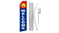 Welcome Happy Face Superknit Polyester Swooper Flag Size 11.5ft by 2.5ft & 6 Piece Pole & Ground Spike Kit