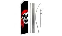 Red Bandana Jolly Roger Superknit Polyester Swooper Flag Size 11.5ft by 2.5ft & 6 Piece Pole & Ground Spike Kit