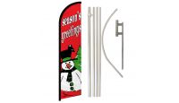 Seasons Greetings Snowman Superknit Polyester Swooper Flag Size 11.5ft by 2.5ft & 6 Piece Pole & Ground Spike Kit