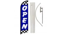 Open Blue Checkered Superknit Polyester Swooper Flag Size 11.5ft by 2.5ft & 6 Piece Pole & Ground Spike Kit