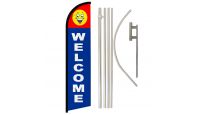 Welcome Happy Face Superknit Polyester Swooper Flag Size 11.5ft by 2.5ft & 6 Piece Pole & Ground Spike Kit