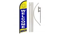 Welcome Drive In Superknit Polyester Swooper Flag Size 11.5ft by 2.5ft & 6 Piece Pole & Ground Spike Kit