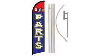 Auto Parts Red & Blue Superknit Polyester Swooper Flag Size 11.5ft by 2.5ft & 6 Piece Pole & Ground Spike Kit