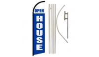 Open House Blue & White Superknit Polyester Swooper Flag Size 11.5ft by 2.5ft & 6 Piece Pole & Ground Spike Kit