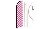 Pink & White Checkered Superknit Polyester Swooper Flag Size 11.5ft by 2.5ft & 6 Piece Pole & Ground Spike Kit