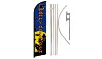 Happy Halloween Blue Superknit Polyester Swooper Flag Size 11.5ft by 2.5ft & 6 Piece Pole & Ground Spike Kit