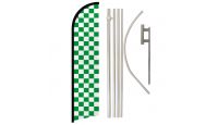 Green & White Checkered Superknit Polyester Swooper Flag Size 11.5ft by 2.5ft & 6 Piece Pole & Ground Spike Kit