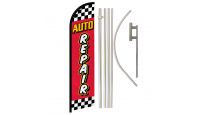 Auto Repair Red Checkered Superknit Polyester Swooper Flag Size 11.5ft by 2.5ft & 6 Piece Pole & Ground Spike Kit