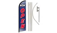 Now Open Blue & White  Superknit Polyester Swooper Flag Size 11.5ft by 2.5ft & 6 Piece Pole & Ground Spike Kit