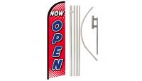 Now Open Red & White  Superknit Polyester Swooper Flag Size 11.5ft by 2.5ft & 6 Piece Pole & Ground Spike Kit